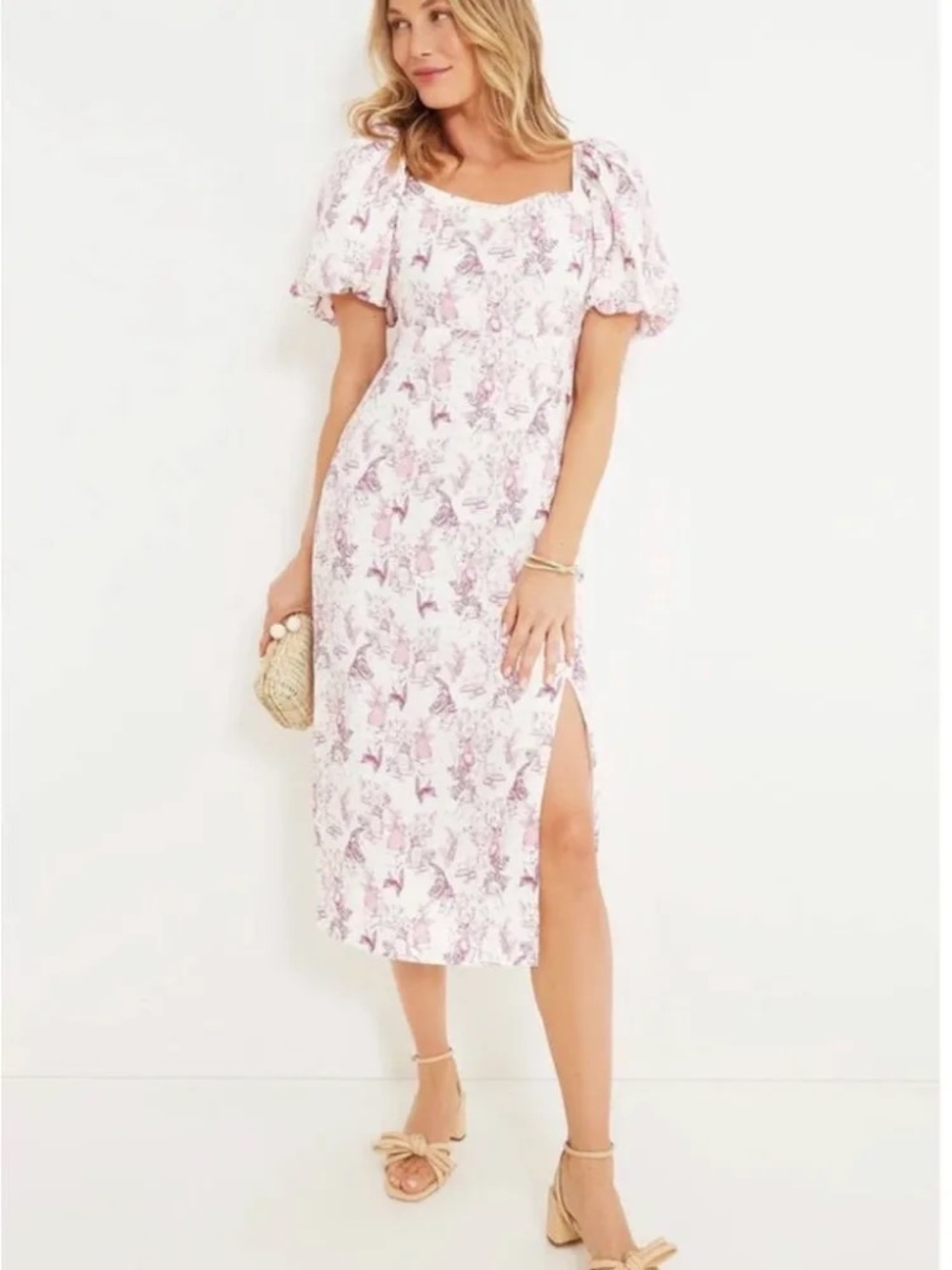 Cream Midi Dress with Pink Floral Print and Puff Sleeves